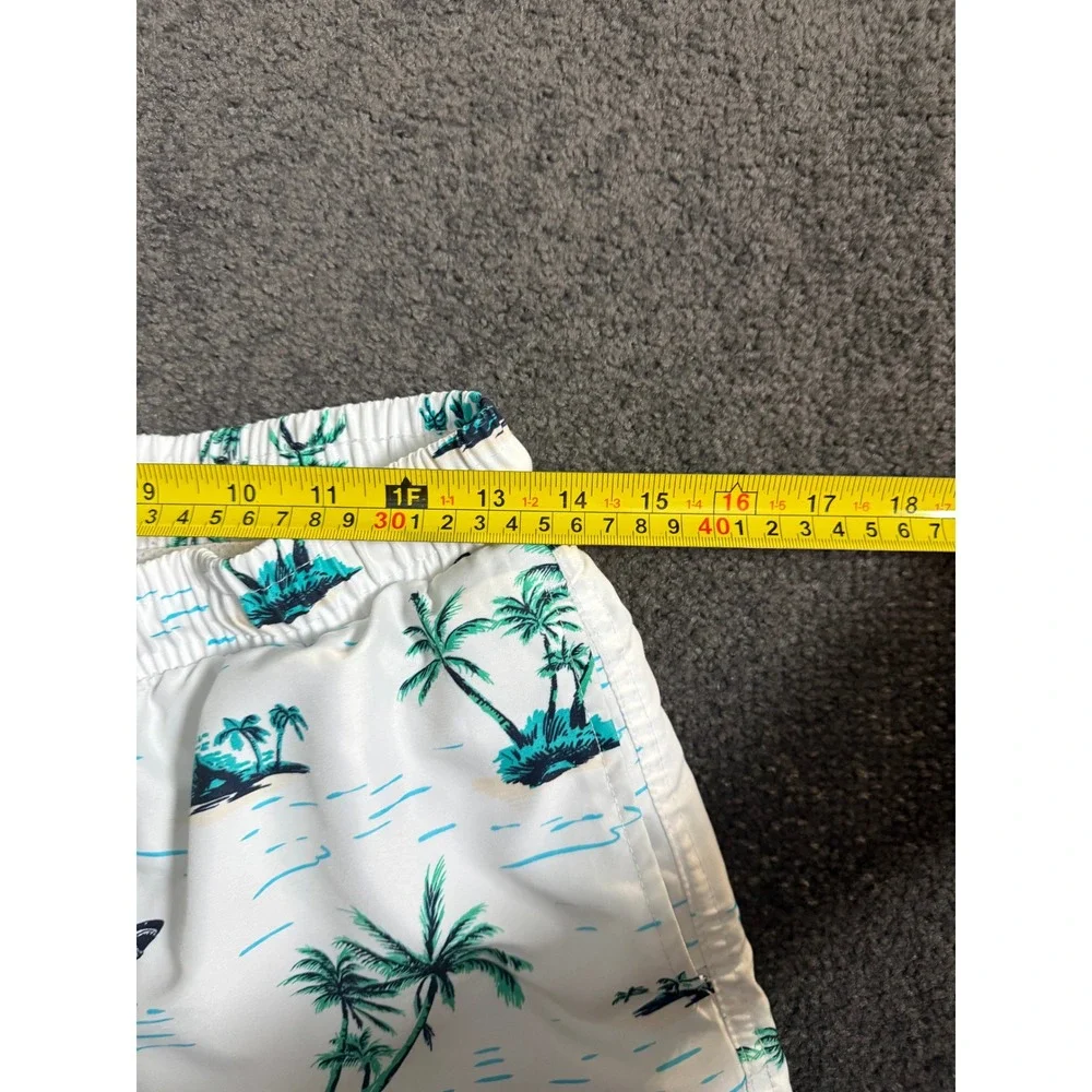 Club Room Mens Small White Tropical Shark Palm Tree Swim Trunks Mesh Lined 6in